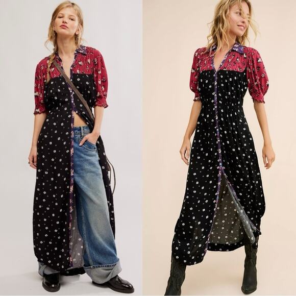 Free People Retro 90s Bohemian Cottage Button Front Nora Midi Dress Small Floral - Picture 1 of 13